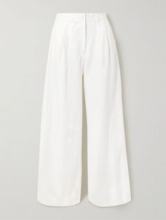 STAUD's 'Sasha' pants are a smart and cool option for balmy days. Made from naturally breathable linen, they're neatly pleated below the high-rise waist and fall to wide legs that skim the floor. Wear yours with both tanks and floaty blouses. High-waisted Linen Pants, Womens Fall Pants, White Linen Pants Women, High Waisted Linen Pants, White Flare Pants, White Linen Trousers, Black Linen Trousers, White Wide Leg Pants, White Flares