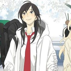 two anime characters standing in the snow with backpacks on their shoulders and one wearing a red tie