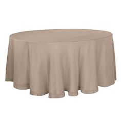 a round table with a beige cloth on it