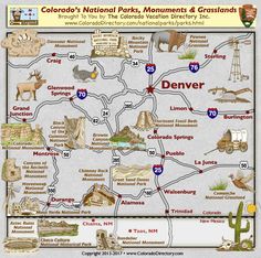 the colorado national parks, monuments and grasslands map is shown in this graphic file with an arrow pointing to denver