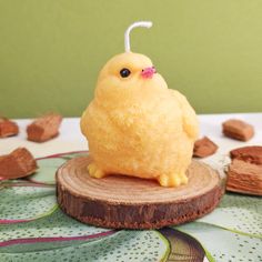 a small yellow bird sitting on top of a piece of wood with nuts around it