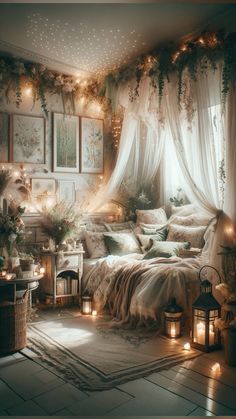 a bedroom decorated in white with lots of lights