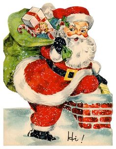 an old fashioned christmas card with santa claus carrying a sack of gifts and presents on his back