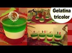 a collage of pictures with green and white liquid in it's glass, next to an image of the gelatin tricolor