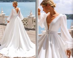 a woman in a white wedding dress standing on a deck next to the ocean and looking at her back