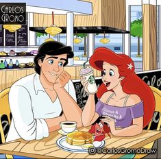 the little mermaid and prince are having breakfast together