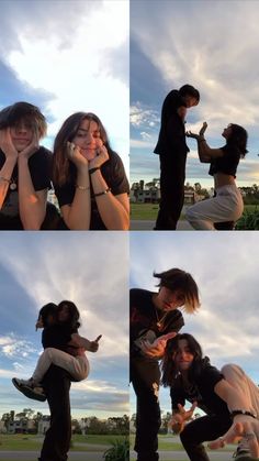 four different shots of a man and woman kissing in the same photo, one is holding a cat