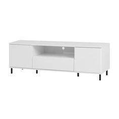 a white entertainment center with black legs