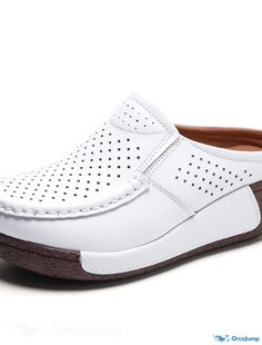 OrcaJump - Womens PU Leather Platform Sandals - Flat Heel, Round Toe, Minimalism, Spring/Summer Solid Color Almond White Casual White Slip-on Mules, Casual White Mules With Round Toe, Casual White Round Toe Mules, White Closed Toe Casual Mules, Casual White Flat Heel Mules, Casual Summer Sandals With Perforations, Casual Perforated Sandals For Spring, White Casual Mules For Summer, Womens Clogs And Mules