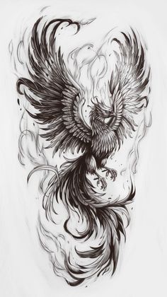 a black and white drawing of a bird with flames on it's back side