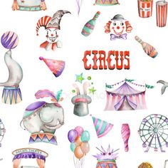 watercolor circus set with clowns and balloons