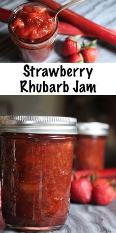 strawberry rhubarb jam in a glass jar with strawberries on the side