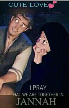 a man and woman sitting next to each other with the words i pray that we are together in jannah