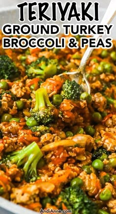 broccoli and peas are mixed together in a dish with the words teriyaki ground turkey broccoli & peas