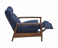 the reclining chair is made from wood and fabric, with a blue upholstered seat