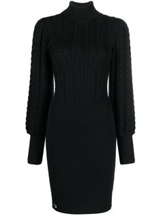 black wool chunky cable knit silver-tone logo plaque high neck long sleeves straight hem thigh-length Elegant Fitted Cable Knit Sweater Dress, Elegant Cable Knit Sweater Dress, Elegant Cable Knit Dress, Elegant Knee-length Cable Knit Sweater Dress, Cable Knit Dress, Wool Knitted Dress, Chunky Cable Knit, High Neck Long Sleeve, Philipp Plein