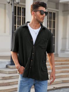 Black Casual Collar Short Sleeve Fabric Plain Shirt Embellished Slight Stretch  Men Clothing Mens Fashion Button Up, Black Shirt Summer Outfit Men, Men Office Summer Outfit, Men’s Casual Summer Style, Italy Vacation Outfits Summer Men, Men’s Button Up Shirt Outfit, Mens Fashion Graphic Tees, Black Short Sleeve Button Up Men Outfit, Men’s Short Sleeve Button Up