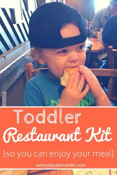 a young boy eating food at a restaurant with the words toddler restaurant kit so you can enjoy your meal