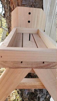 a wooden bench built into the side of a tree trunk with nails stuck in it