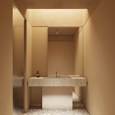 a bathroom with a sink and mirror in it's center wall is lit by light from the ceiling