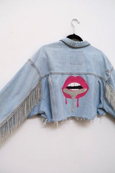 Hand Painted Denim, Crystal Fringe, Dripping Lips, Vintage Jean Jacket