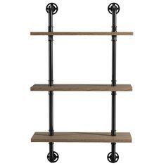 the industrial shelving unit is made out of wood and black pipe shelves with wheels