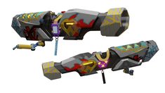 two renderings of a space ship that appears to have been painted with graffiti on it