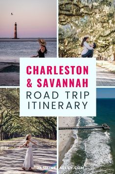 the charleston and savannah road trip itinerary with images of people walking, riding bikes, sitting on benches