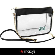 a clear purse with the word cats on it and a chain hanging from the bottom