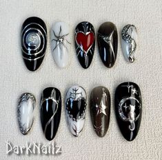 Custom Black Dark Press On Nails, Gothic Punk Rock Red Heart Nails, Goth Y2K Moon Press On Nails bring a touch of nostalgia and futuristic style to your fingertips. With a wide range of colors, designs, and finishes, these press on nails allow you to express your individuality and stay on top of the latest trends. Whether you prefer bold and vibrant shades or subtle and sophisticated designs, DarkNailz press on nails offer endless possibilities f Gothic Nail Art Short, Black Polish Nail Designs, Black Red White Nails, Red Black Nails Designs, Dark Nail Art Designs, Punk Rock Nails, Black Fingernails, Red Heart Nails, Ongles Goth