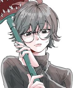 an anime character with glasses holding a toothbrush