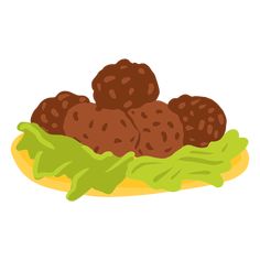 a plate with lettuce and meatballs on it, cartoon illustration isolated on white background