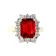 Emerald Shape Red Ruby With Round Cut Diamond Ring 7.45 Carats Gold Gemstone Ring Round Diamond Ring, Diamonds Ring, Red Diamond, Ruby Diamond, Red Ruby, Natural Earth, Stone Cuts, Diamond Stone, Round Cut Diamond