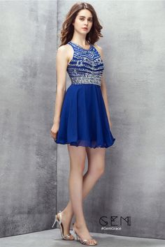 Blue Bridesmaid Mini Dress For Prom Season, Royal Blue Evening Dress For Homecoming, Embellished Chiffon Prom Evening Dress, Embellished Chiffon Evening Dress For Prom, Blue Chiffon Evening Dress For Prom, Blue Chiffon Bridesmaid Dress For Prom Season, Rhinestone Dresses For Prom Season, Royal Blue Chiffon Party Dress, Royal Blue Chiffon Dress For Party