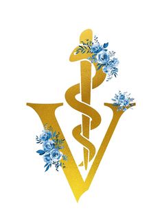 the letter v is decorated with blue flowers and a cadus symbol on it's side