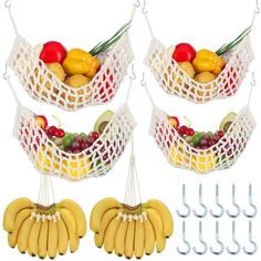 three baskets filled with bananas and other fruit sitting on top of each other next to hooks