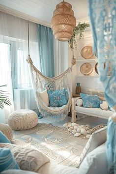 Bedroom In Living Room Ideas Inspiration, Aquamarine Room Aesthetic, Ocean Aesthetic Decorations, Summer Rooms Ideas, Ocean Decor Aesthetic, Aesthetic Blue Bedroom Ideas, House Interior Theme Ideas, Beach Bed Rooms, Blue Ocean Room Aesthetic