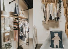 a room filled with lots of clothes and a teddy bear on the shelf next to it