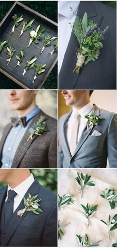 a collage of photos showing different types of boutonnieres and grooms