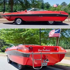 an old red boat with american flag on top and another photo of the same boat