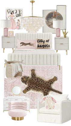 a collage of pink and white furniture, including a bed, chair, lamp, mirror