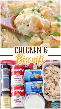 chicken and biscuits casserole is shown in this collage