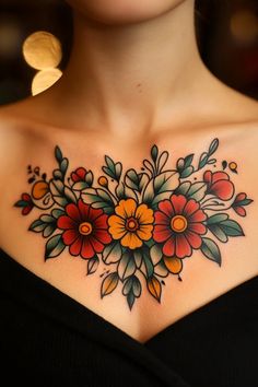 Chest Flower Tattoos for Women Ideas Women’s Stomach Tattoo Traditional, Traditional Tattoo Chest Piece Women, Old School Chest Tattoo Female, Traditional Flower Neck Tattoo, Daisy Chest Tattoo, Women’s Full Chest Tattoo, Back Coverup Tattoos For Women, American Traditional Chest Tattoo Women, Sunflower Neck Tattoo