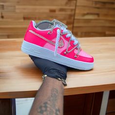 Custom Hot pink Air force 1s . This price includes purchasing the sneakers. All Adult sizes are for both Men and Women. All prices are USD. Color Shade of shoe may vary on screen versus in person and under different lighting.  All shoes are Made to Order and turnaround for completion is 4-6 weeks per sh Pink Nike Air Force 1 For Streetwear, Pink High-top Nike Air Force 1, Pink High-top Custom Sneakers For Streetwear, Color Shades, Air Force, Hot Pink, Sneakers, Pink, Color