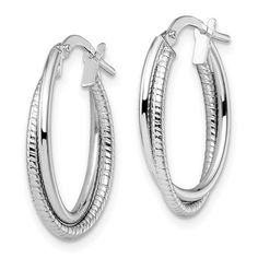 14K White Gold Polished Textured Oval Hoop Earrings Cheap Oval White Jewelry, Cheap White Oval Jewelry, Luxury Oval Sterling Silver Hoop Earrings, Luxury White Oval Hoop Earrings, Oval Hoop Earrings, Gold Polish, Hoop Earrings, White Gold, Texture