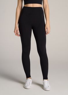 American-Tall-Women-Cotton-Leggings-Black-front Comfort Stretch Leggings With Comfort Waistband For Loungewear, Comfort Waistband Full Length Leggings For Loungewear, Full Length Leggings With Comfort Waistband For Loungewear, High Stretch Athleisure Yoga Pants, Full Length Athleisure Activewear For Everyday, Comfortable Elastane Leggings For Loungewear, Comfortable Tight Full-length Bottoms, High Stretch Athleisure Leggings For Everyday, Everyday High Stretch Athleisure Leggings