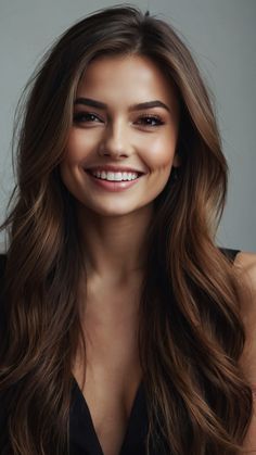 a woman with long brown hair smiling and looking at the camera while wearing a black top