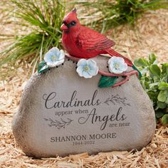 a red bird sitting on top of a rock with flowers around it and the words cardinall appear when angels meet