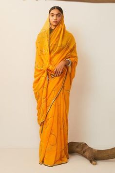 Shop for Sarang Kaur Yellow Chanderi Silk Meenakshi Embroidered Saree for Women Online at Aza Fashions Saree For Women, Yellow Saree, Embroidered Saree, Embroidery Floral, Kurta With Pants, Silk Dupatta, Line Patterns, Floral Motifs, Indian Design