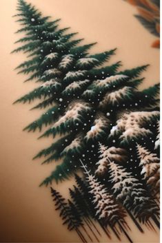 a painting of snow covered pine trees on a wall in front of an orange background